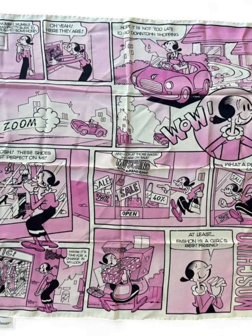 Moschino vintage Cheap and Chic pink and white cartoon strip scarf